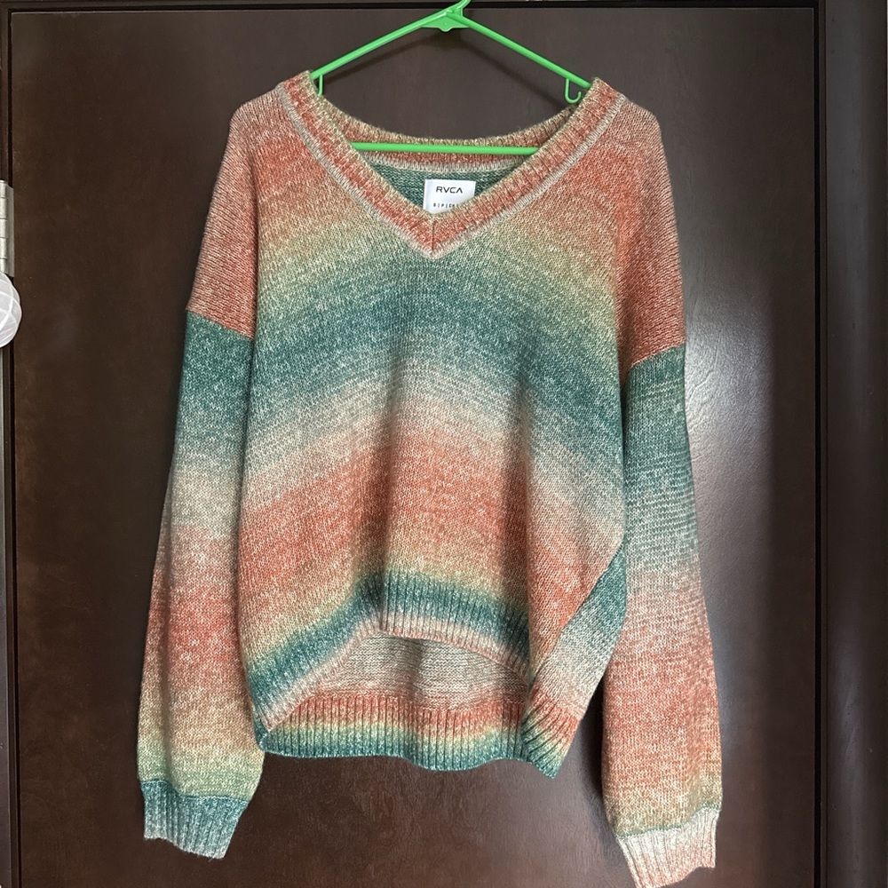 RVCA Green and Brown V-Neck Sweater